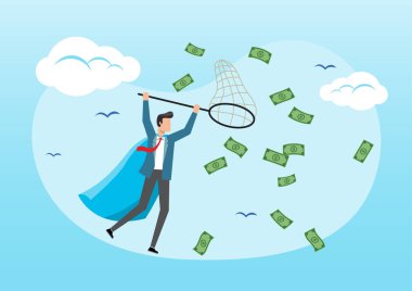 Bir kelebek ağı ile uçan para yakalamaya çalışıyor işadamı