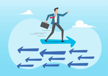 İşadamı farklı yönlere ya da diğer insanlara ya da ana akıma doğru ok sürüyor.