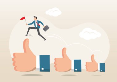 Mutlu iş adamı elinde bayrak, yükselen başparmak işareti taşıyor.