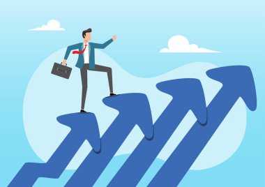 İş adamı yürüyen ya da büyüyen ok merdivenlerini tırmanan