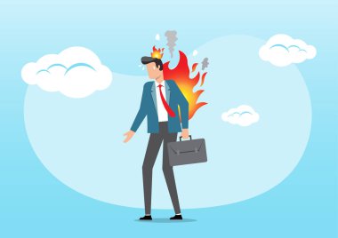 Kafasında ve takım elbisesinde ateş yanığı olan depresif bir işadamı.