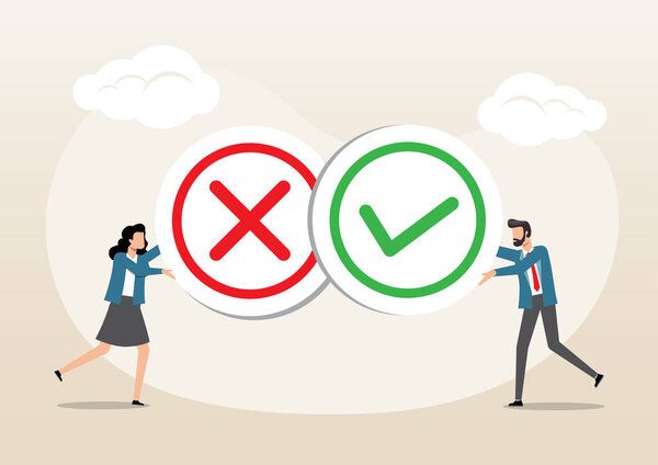 Деловые люди, имеющие большие плюсы и минусы, правильные и неправильные символы