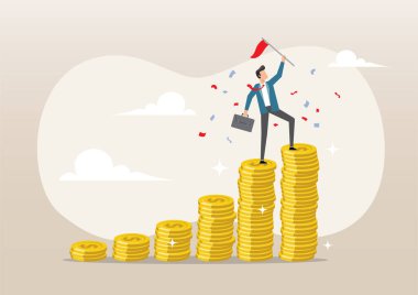 Başarılı iş adamı para yığınının üzerinde kazanan bayrağı tutuyor..