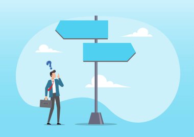 Soru işaretiyle düşünen işadamı, kopyalama alanı ile iki yön arasında seçim yapar