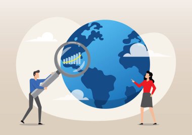 Grafik ve grafikle Dünya üzerinde büyüteçle iş adamı