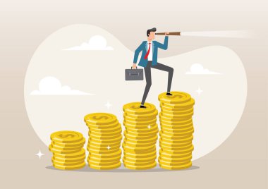 Parlak bir gelecek için teleskop ya da dürbün kullanarak büyüyen para yığınında iş adamı lideri.