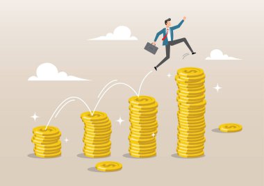 Yükselen para yığınına atlayan mutlu işadamı