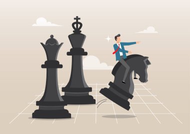 Satranç şövalyesine binen işadamı satranç zaferini kazanmak için takım lideri.