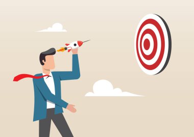 Kendine güvenen iş adamı, hedef dartboard hedefini vurmak için yeni bir roket fırlatıyor.