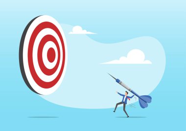 Businessman throwing huge dart, aiming to hit dartboard bullseye clipart