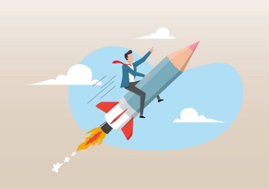 Yaratıcı adam gökyüzünde uçan kalem roketine biniyor.