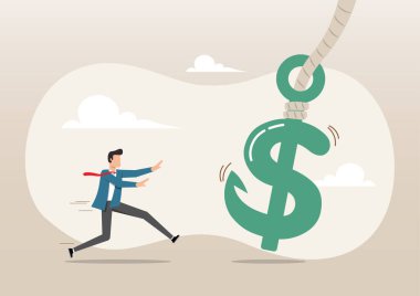 Açgözlü yatırımcı para yakalamak için koşuyor. Gizli olta yemi ile Amerikan Doları tabelası.