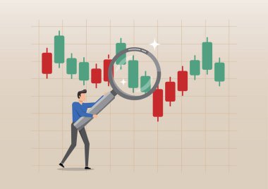 Grafik ve grafikle Dünya üzerinde büyüteçle iş adamı