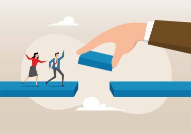 Devasa yönetici elinin bir çizimi kayıp parçayı takım üyelerinin aradaki boşluğu aşması için köprü olarak birleştirmesine yardımcı oluyor. Ekibi başarı, çözüm veya yardım kavramına bağlamak ve desteklemek için köprüyü bağlayın