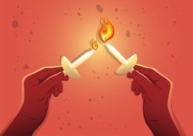 Umudu ve ibadeti aramak için karanlıkta mum yakan insanların el yorumu. Kutsal Hafta Hazırlanıyor