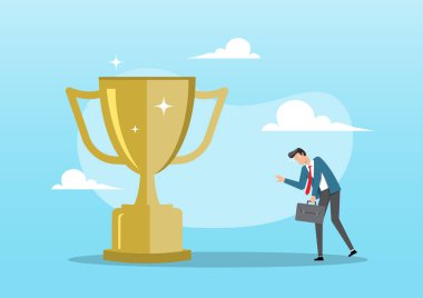 Büyük bir altın kupanın yanında duran yorgun ve terli bir işadamının resmi, başarı ve başarıyı simgeliyor. Karakterin elinde bir evrak çantası var ve profesyonel amaçlara ulaşmak için sıkı çalışmayı temsil eden gözle görülür bir yorgunluk yaşıyor.