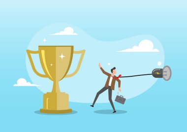 Altın bir kupaya ulaşmaya çalışırken kravatına bağlı büyük bir elektrik prizi tarafından çekilen bir iş adamının çizimi. İlerlemeyi ya da hedeflere ulaşmayı engelleyen engeller, aksilikler ve zorlukları temsil eder