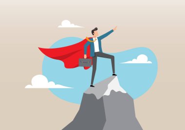Kırmızı bir süper kahraman pelerini giyen kendine güvenen bir iş adamının, bir dağın zirvesinde elinde bir evrak çantası tutarken zaferle dikilip, önünü gösteren bir çizim.