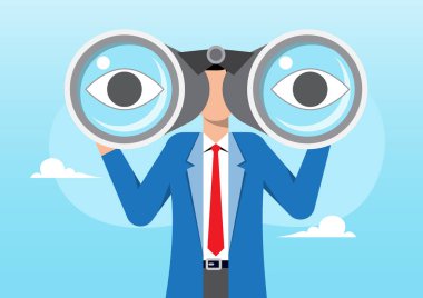 Elinde dürbün tutan takım elbiseli meçhul bir işadamının bir çizimi. Her mercekte bir göz, bir vizyon ve gözlem simgesi var.