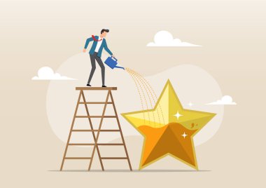 Uzun tahta bir merdivenin üzerinde duran bir iş adamının resmi. Büyük altın bir yıldızı sulama tenekesiyle sularken.