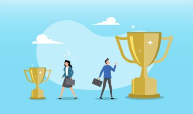 An illustration of a man and a woman walking toward career achievement represented by trophies. The man confidently reaches a large trophy, while the woman directed toward a smaller one