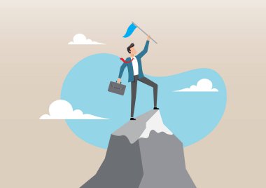 Kendine güvenen bir işadamının bir dağın zirvesinde bir elinde evrak çantası diğer elinde bayrak kaldırırken zaferle durduğunun bir örneği.