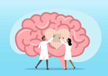 Kalp şeklinde bir bandajı insan beynine uygulayan iki tıp uzmanının resmi. Duygusal desteği, akıl sağlığını ve psikolojik tedaviyi sembolize ediyor.