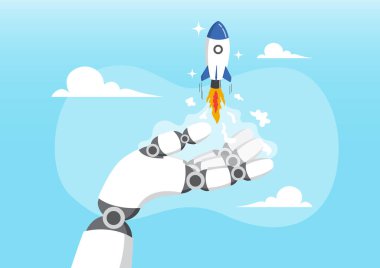 Yapay Zeka, Yapay Zeka 'nın iş başarısına, insanlıkla çalışan yapay zekanın geleceğine, robot otomasyonu veya yenilik desteğine, iş desteğine, robot el işadamının teleskopta geleceğe bakmasına yardım etmesinin bir çizimi