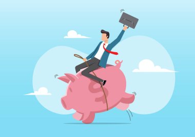 Bir iş adamının, bir domuz kumbarasında, rodeo binicisi gibi evrak çantası ve ip tutarken özgüvenle çekilmiş bir resmi. Bu metaforik görüntü finansal büyüme ve yatırım denetimini sembolize ediyor