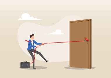 Kapalı bir kapıya uzun kırmızı bir ip çeken bir işadamının çizimi, bir iş kurmanın zorluklarını veya dış kısıtlamalar nedeniyle hedeflere ulaşma mücadelesini sembolize eder.