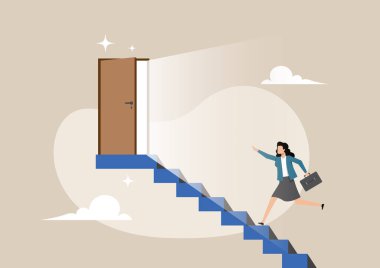 Açık, aydınlık ahşap bir kapıya doğru mavi merdivenleri çıkan bir iş kadınının çizimi. Açık kapı fırsatı, başarıyı ve parlak geleceği simgeliyor.
