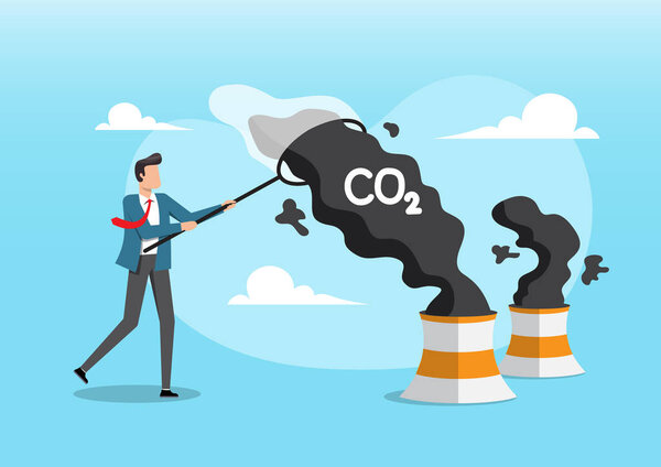 An illustration of businessman capturing or collecting black smoke with "CO2" text emanating from two industrial factory chimneys using a large net. Symbolizes the concept of carbon capture and storage (CCS), greenhouse gas emissions and combating cl