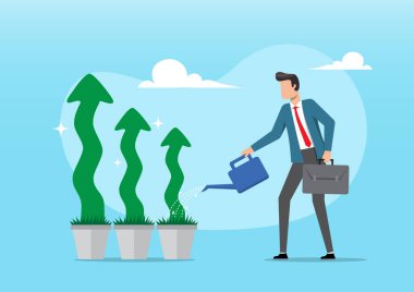 Üç saksı bitkisini sulayan bir iş adamının resmi. Her bitki, yükselen geliri ve iş büyümesini simgeleyen canlı, yeşil bir ok şeklinde şekillendirilmiştir.