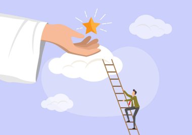 Bir iş adamının yıldızlara tırmanma merdiveni çizimi. İsa 'nın tutuşu yukarıdan yardım ediyor.