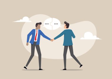 İki iş adamının konuşma baloncuğu yapbozuyla tokalaşırken çekilmiş bir resim. Başarı kavramı iletişim, tartışma veya röportaj, iş anlaşması, çözüm veya ortaklık anlaşması