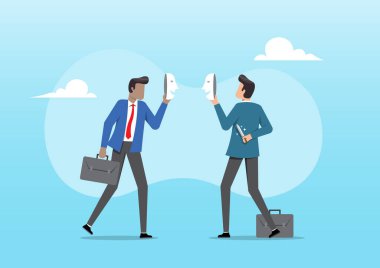 Maskeleri çıkaran iki iş adamının bir çizimi, biri bıçağı ortaya çıkarıyor. Gizli gündem, aldatma, ikiyüzlülük, ihanet, gerçek niyet ve sahtekarlık kavramı