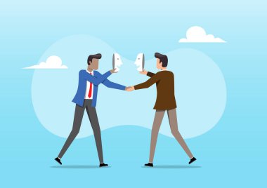 Maskeleri değiştirirken el sıkışan iki iş adamının resmi. Sahtekarlık, gizli kimlikler, aldatma, özgünlük eksikliği ve iş hayatında rol yapma kavramı.