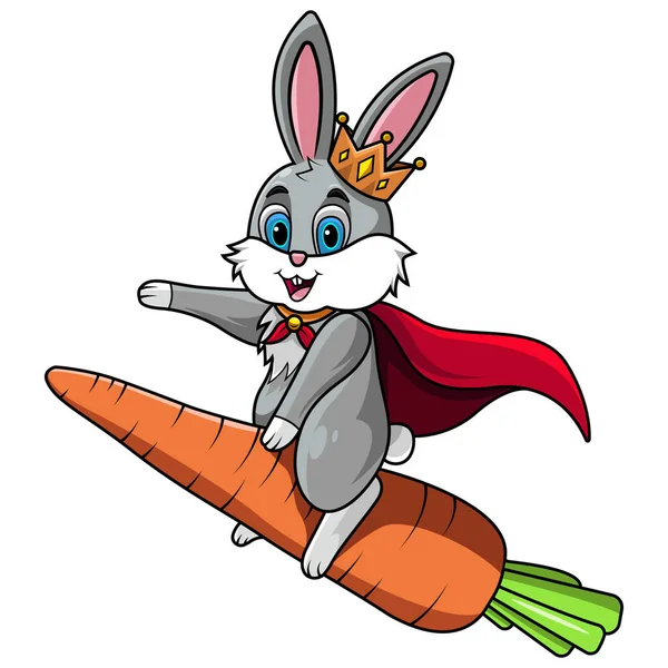 A cartoon rabbit wearing a crown and a cape riding a carrot