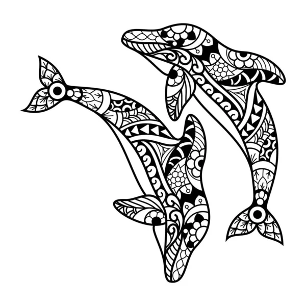 Ręcznie Rysowane Skoki Delfinów Stylu Zentangle — Wektor stockowy