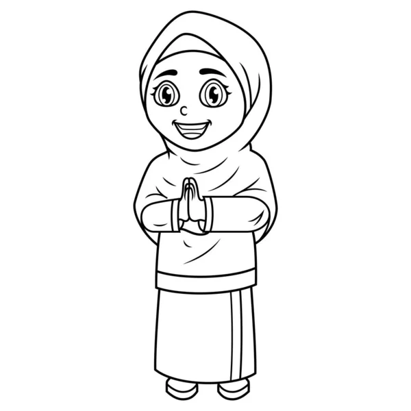 Illustration Happy Muslim Woman Cartoon Line Art — Stock Photo, Image