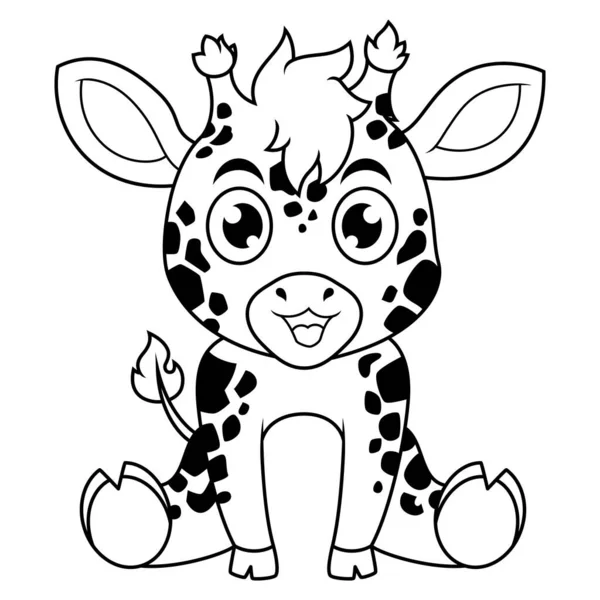 Cute Baby Giraffe Cartoon Sitting Line Art — Stock Vector