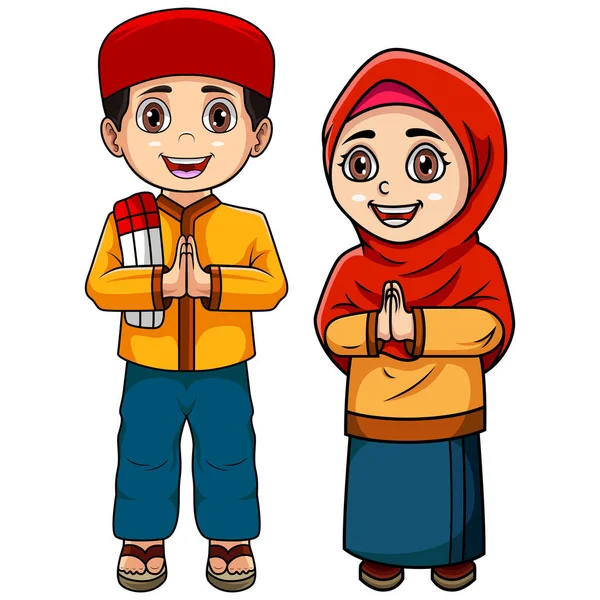 Ilustrasi Happy Couple Muslim Anak Anak Kartun — Stok Foto