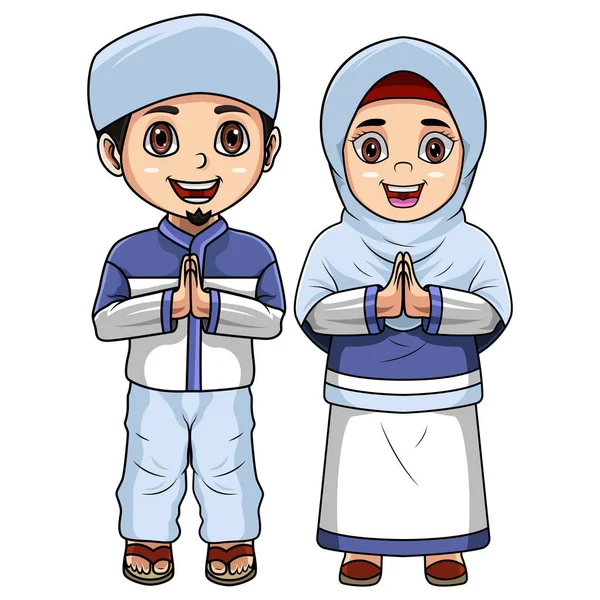 Mutlu Çift Müslüman Çocuk Çizgi Filmi — Stok Vektör