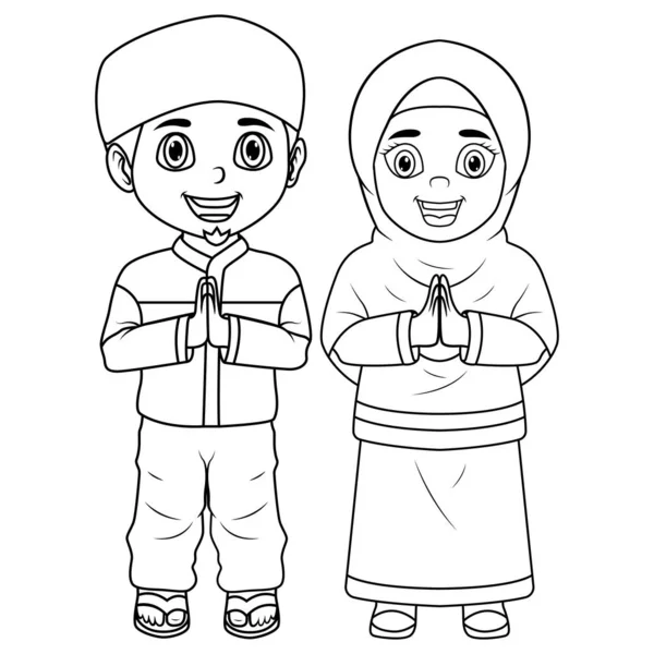 Ilustração Feliz Casal Muçulmano Crianças Desenhos Animados Arte Linha — Fotografia de Stock