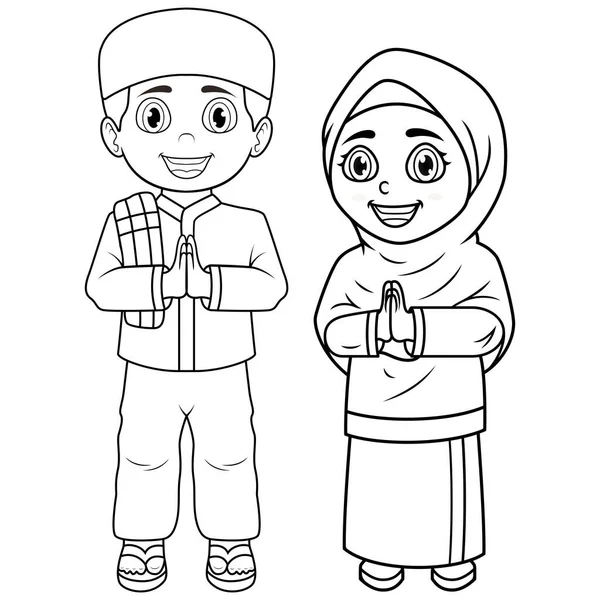 一对快乐的穆斯林儿童卡通画线艺术图例 — 图库矢量图片
