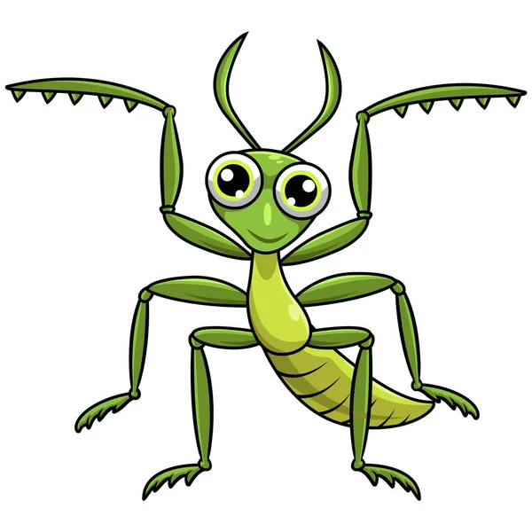 Green Mantis Cartoon Posing White Background — Stock Photo, Image