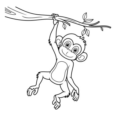 Cartoon monkey hanging on tree branch line art clipart