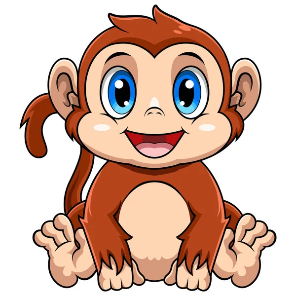 Macaco bebê marrom bonito sentado e sorrindo. personagem animal engraçado  infantil com rosto amigável e cauda curvada. ilustração em vetor plana  colorida dos desenhos animados isolada no fundo branco.