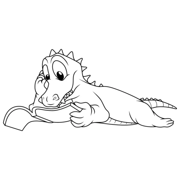 Illustration Cute Dragon Cartoon Holding Book Line Art — Stock Photo, Image