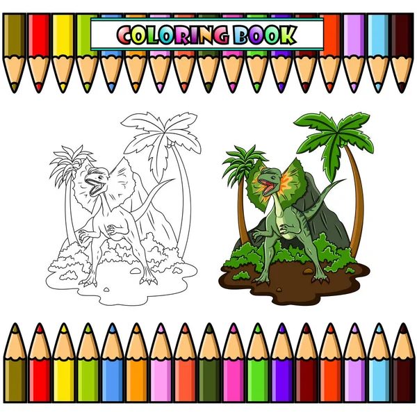 Cartoon Dilophosaurus in the jungle for coloring book
